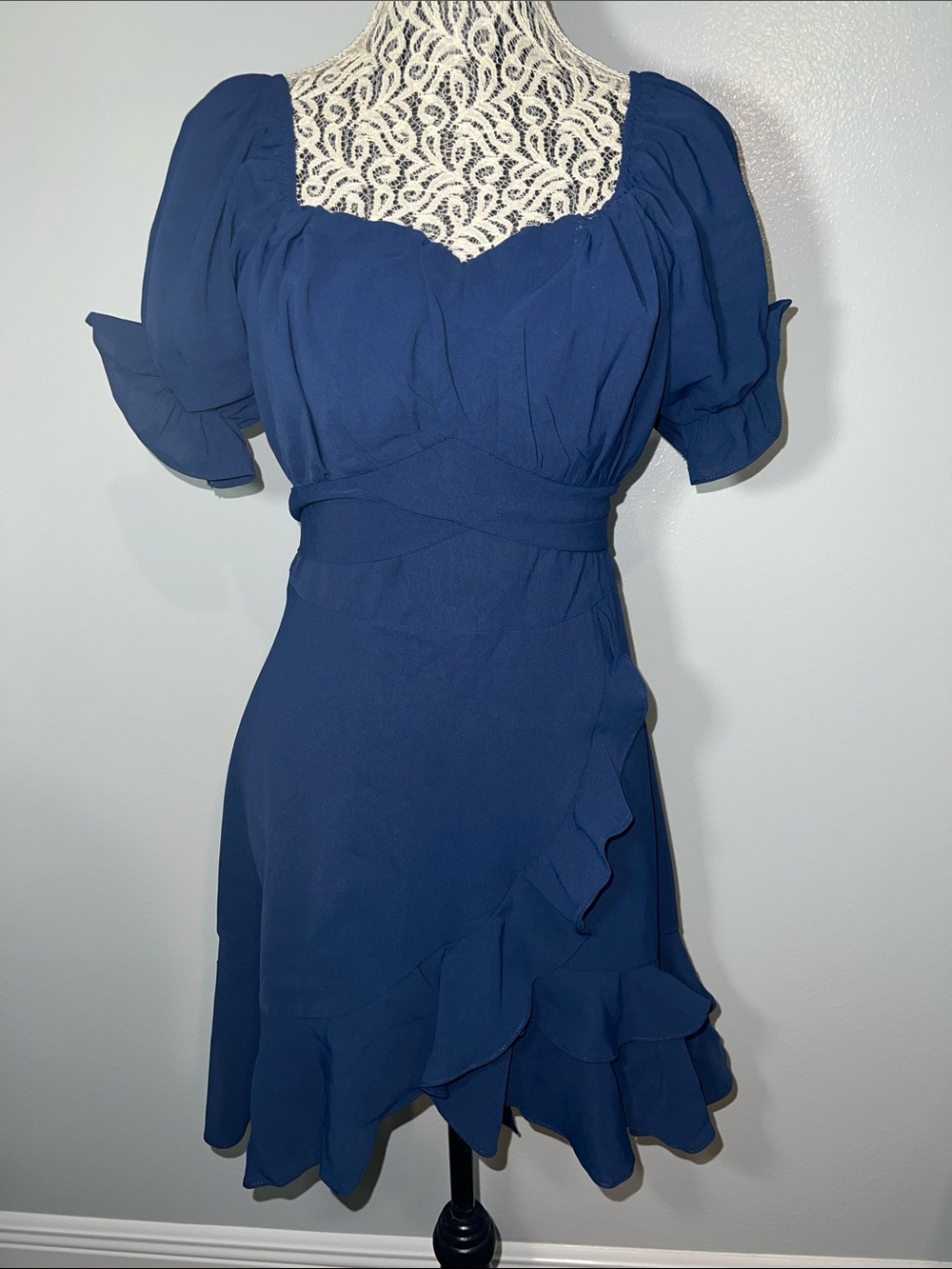 Navy Puff-Sleeve Ruffle Mini Dress